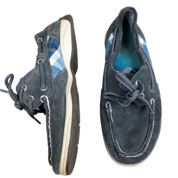 Sperry Top-Sider Womens Grey Suede Blue Plaid Boat Shoes Loafers Deck Shoes 6 - Picture 2 of 9
